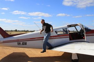 Jeff Wittig bounds off his Comanche 250 on arrival. We'd only ever spoken on the phone, never met! I love that flying can bring people together like that.